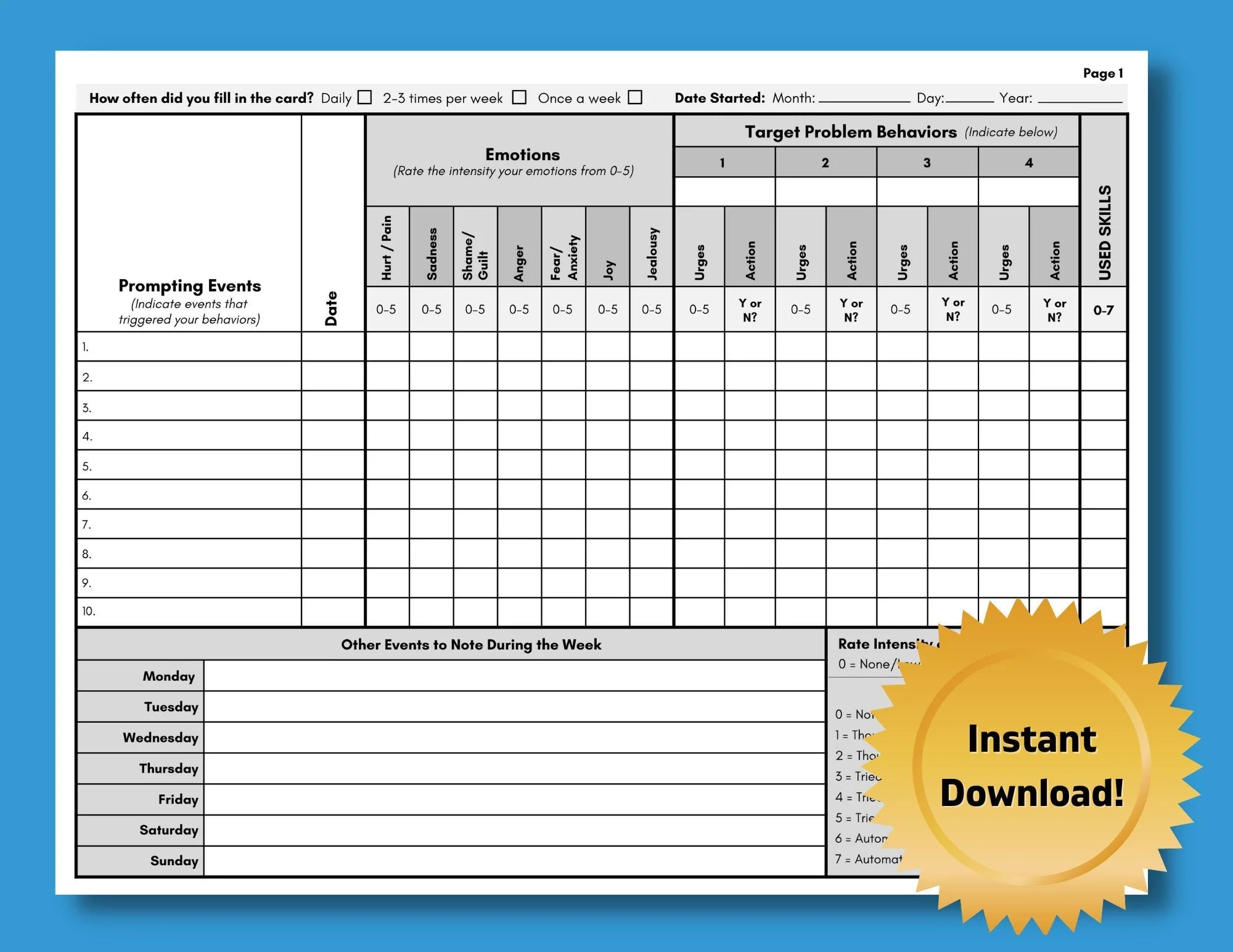 DBT Diary Card Digital Printable 