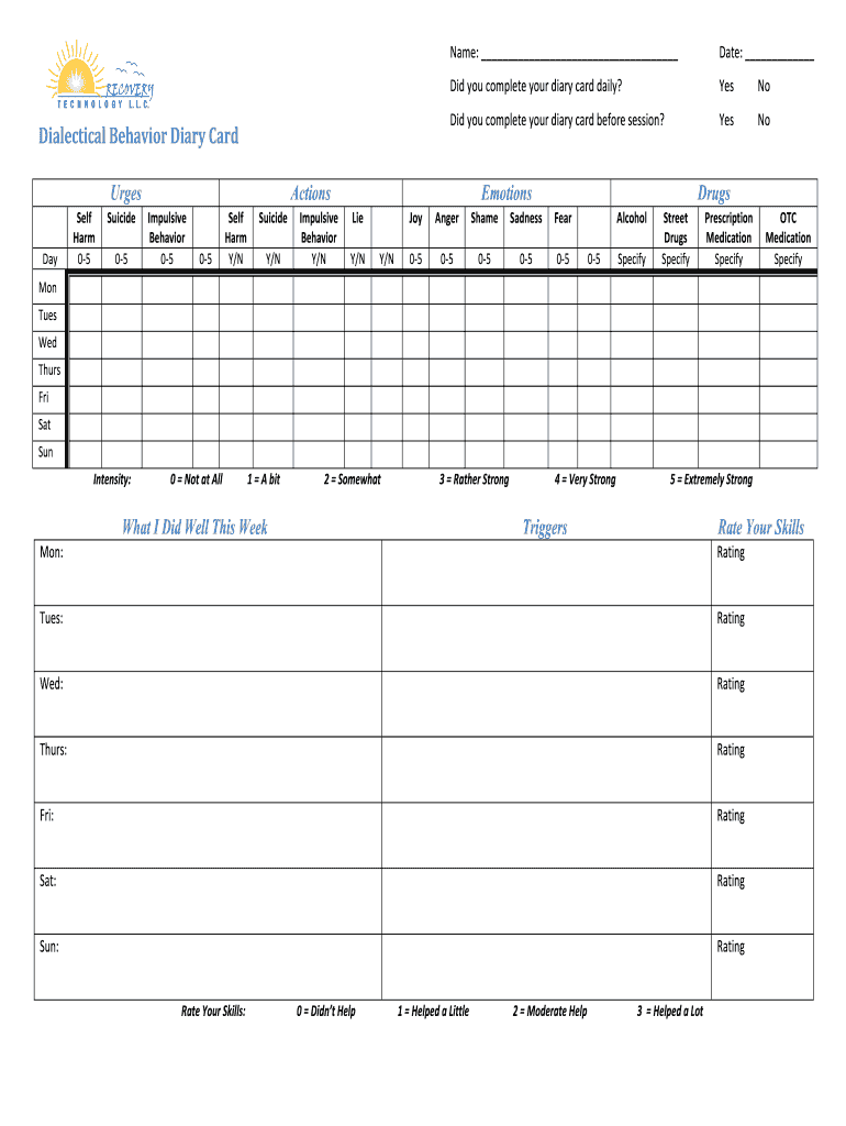Printable Dbt Diary Card Blank