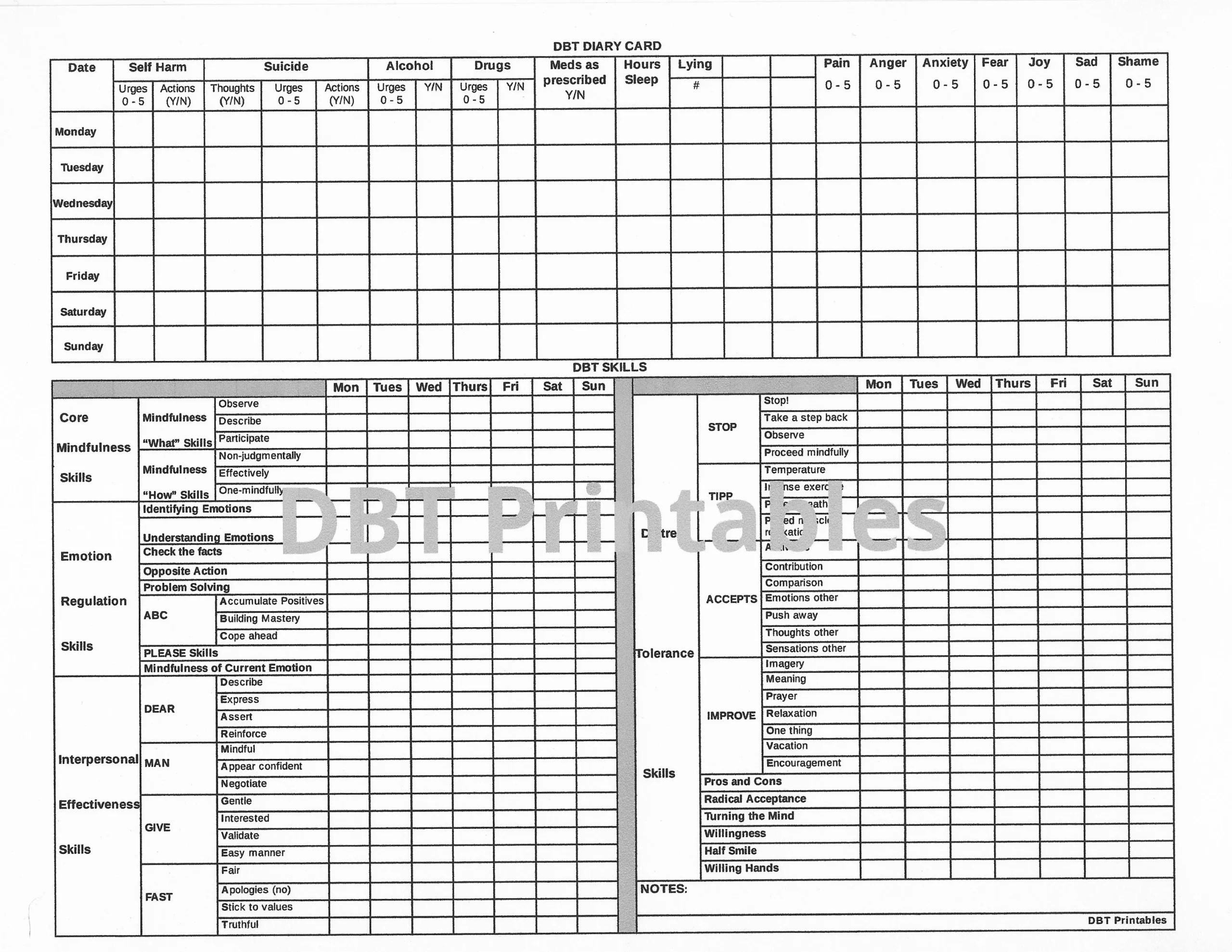 DBT Diary Card Printable BPD Skills Tracker Dialectical 