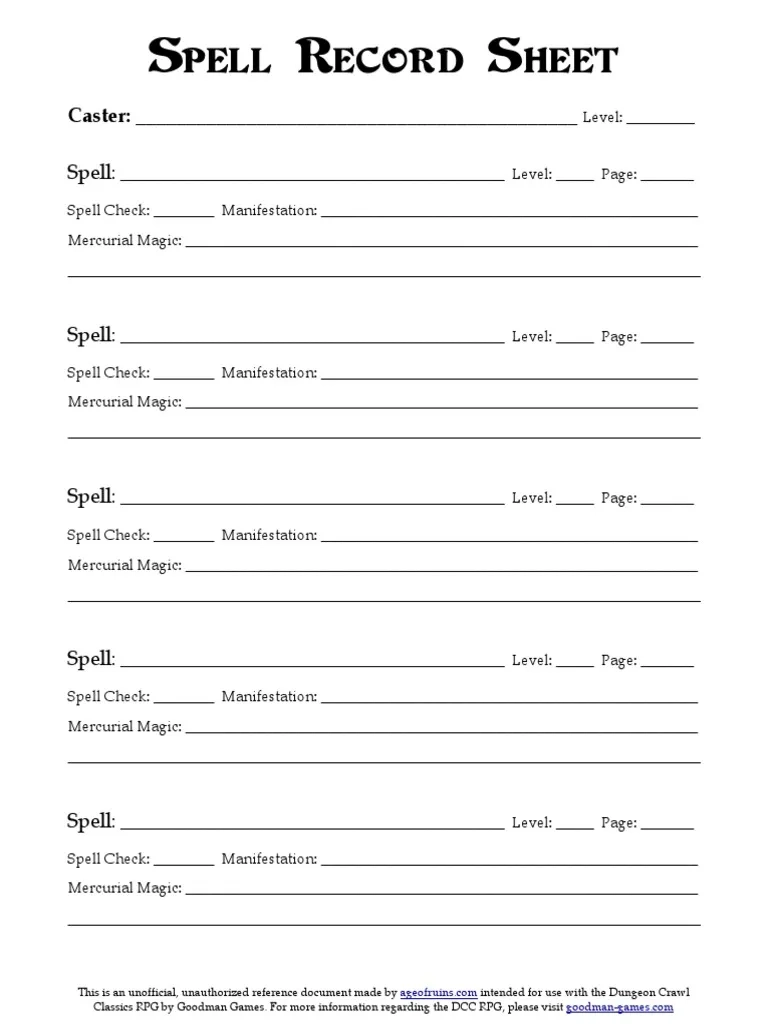 Printable Blank Spell Caster Sheet
