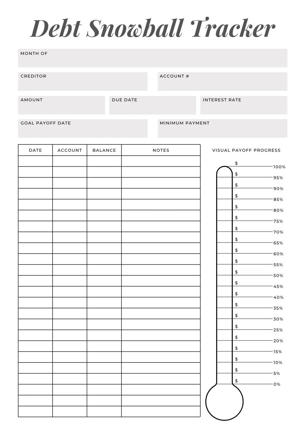 Blank Debt Chart Printable