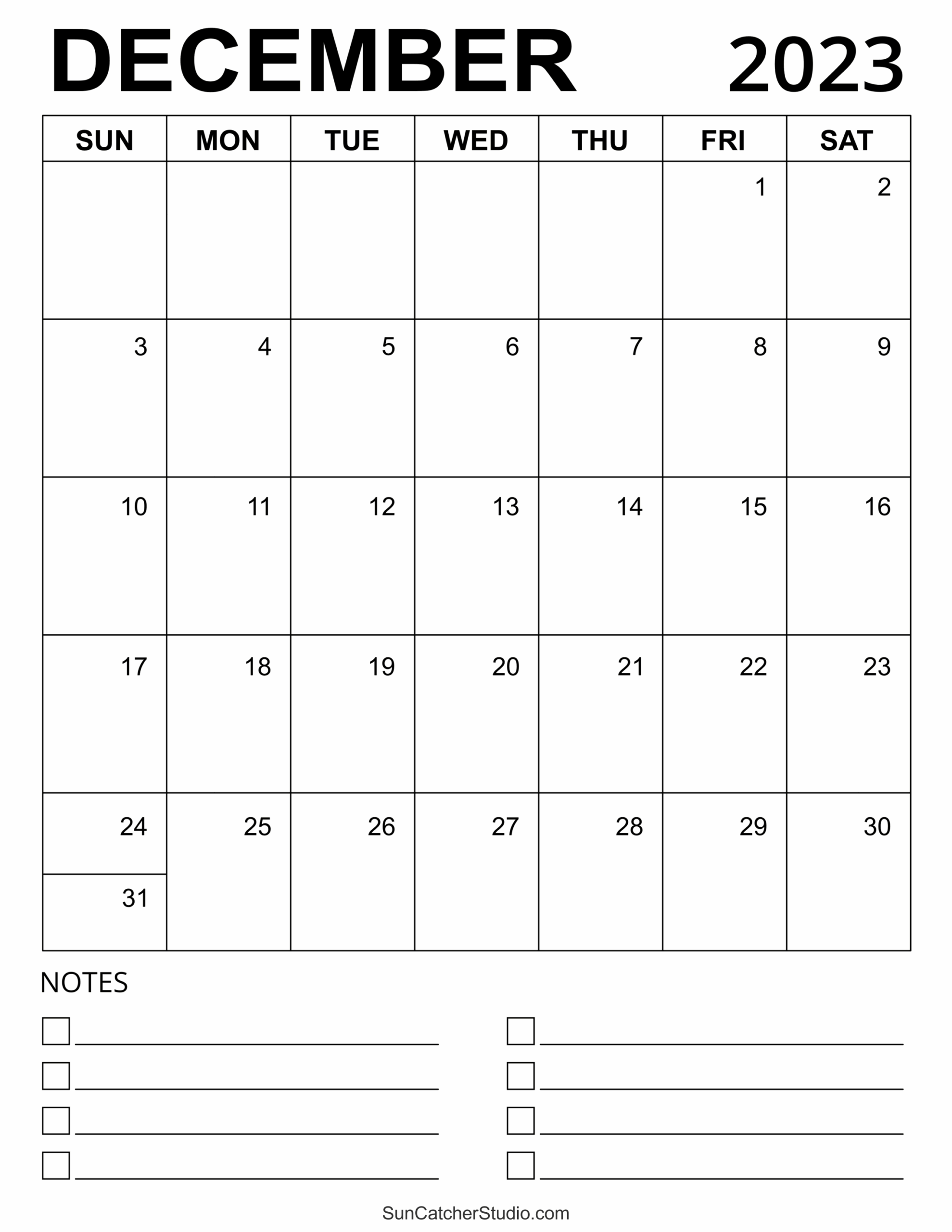 Printable Large Blank December Calendar