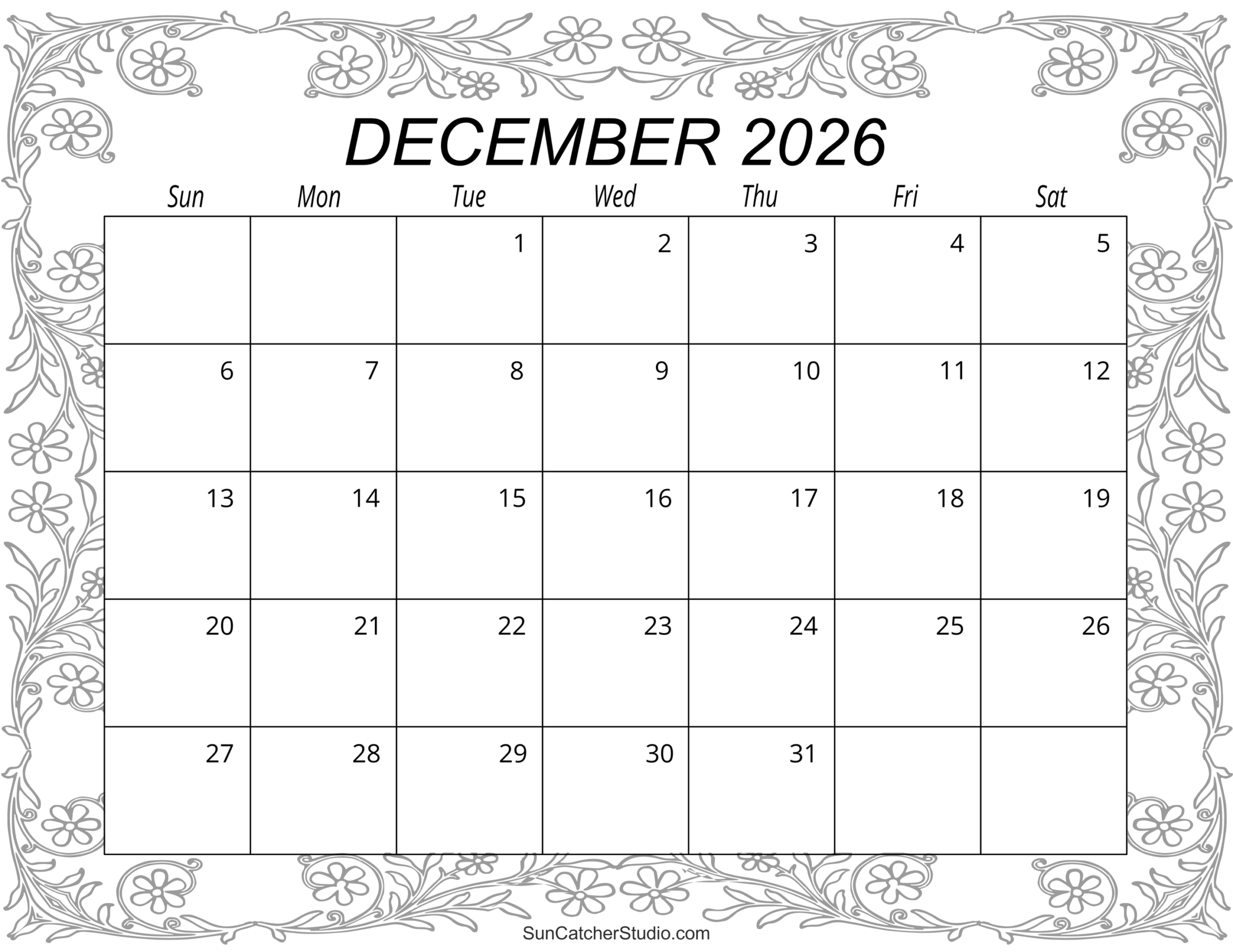 Blank Dec 2026 Printable Calendar