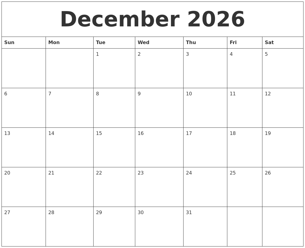 Advent 2026 Blank Calendar Printable