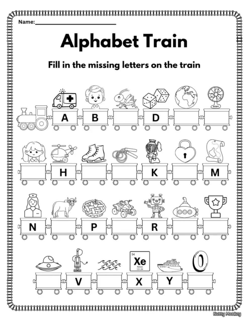 Digital Missing Letters Alphabet Train Worksheet Letters Recognition Preschool Kindergarten Toddler Curriculum Activity