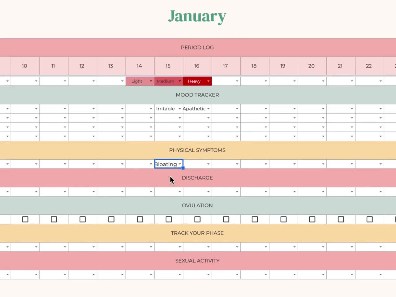Digital Period Tracker Menstrual Cycle Tracking Google Sheets Spreadsheet Period Tracking Planner