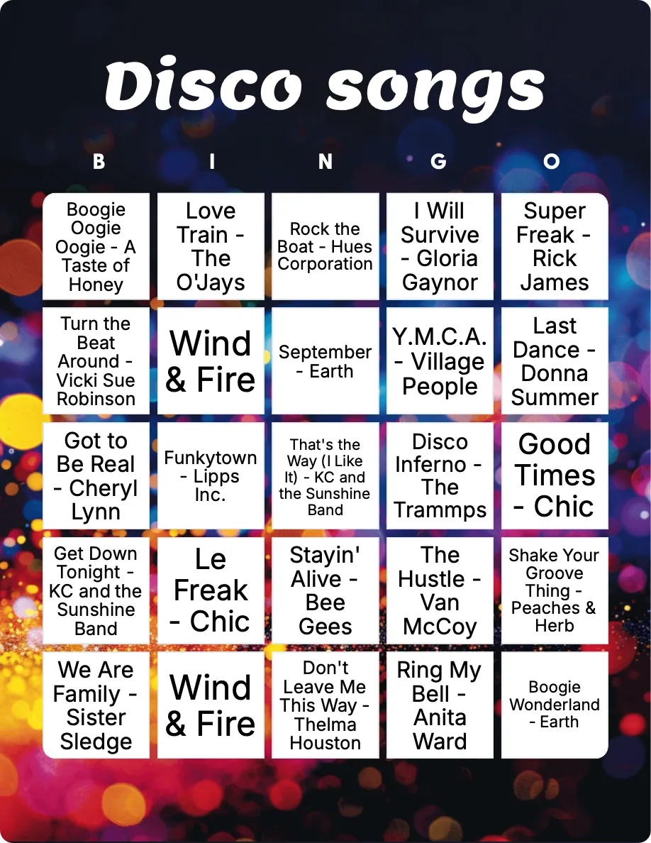 Disco Songs Bingo Printable amp Customizable Bingo Card Creator