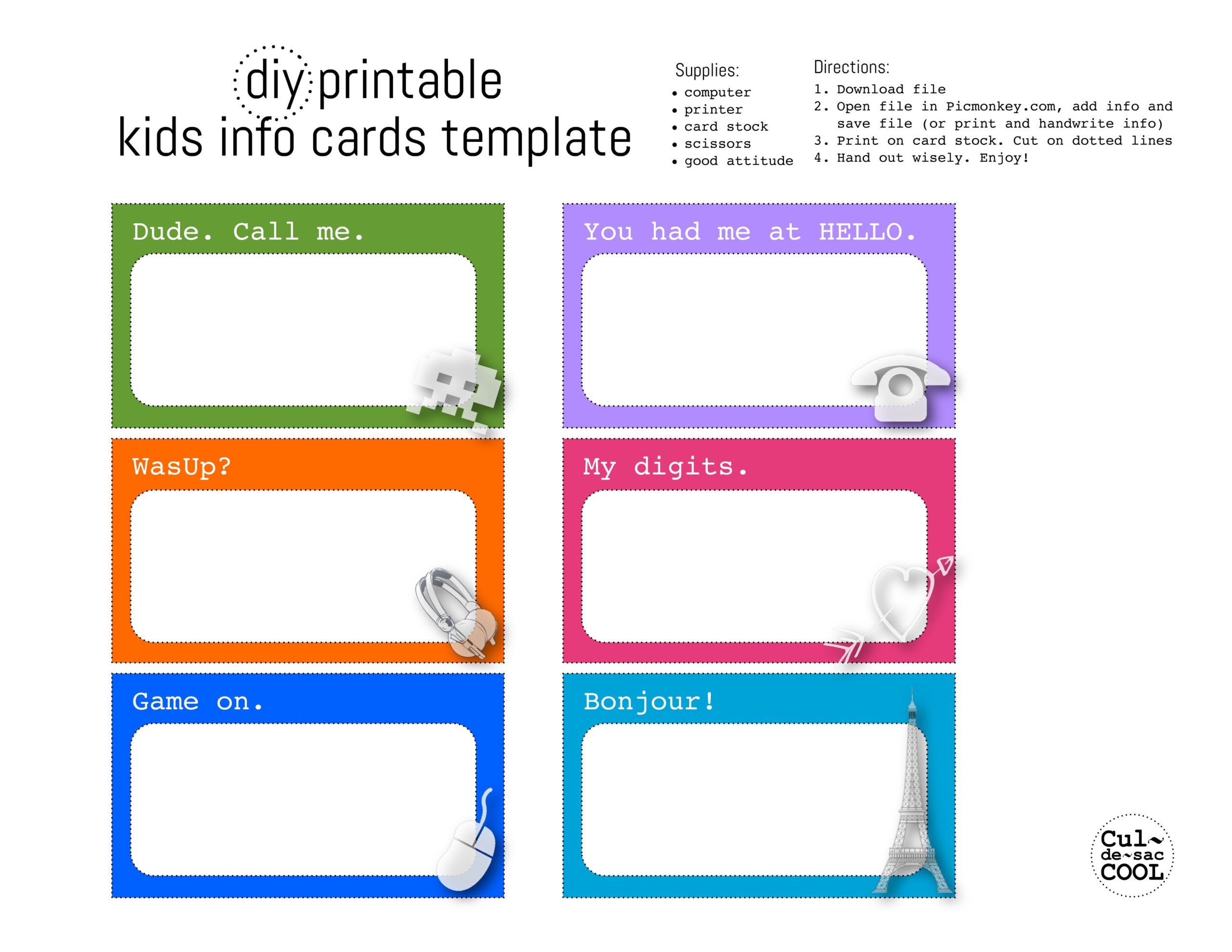 DIY Printable Kids Info Cards Template 