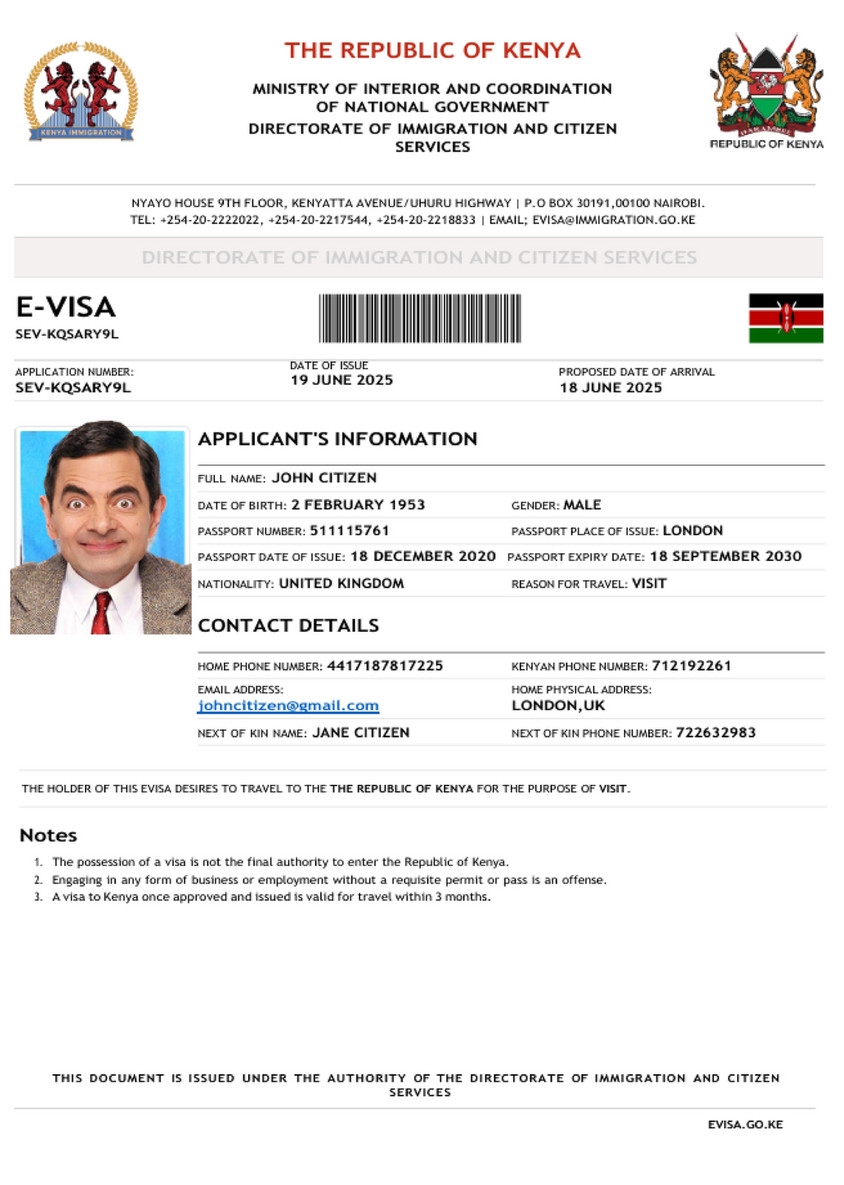 Doctempl Kenya E visa Template In Word And PDF Formats Page 1