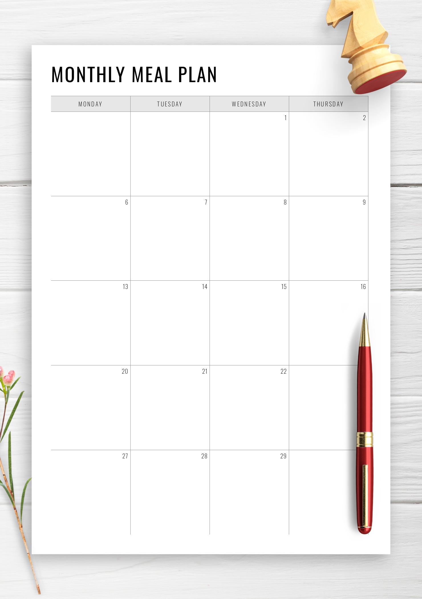 Blank Meal Calendar Months Printable