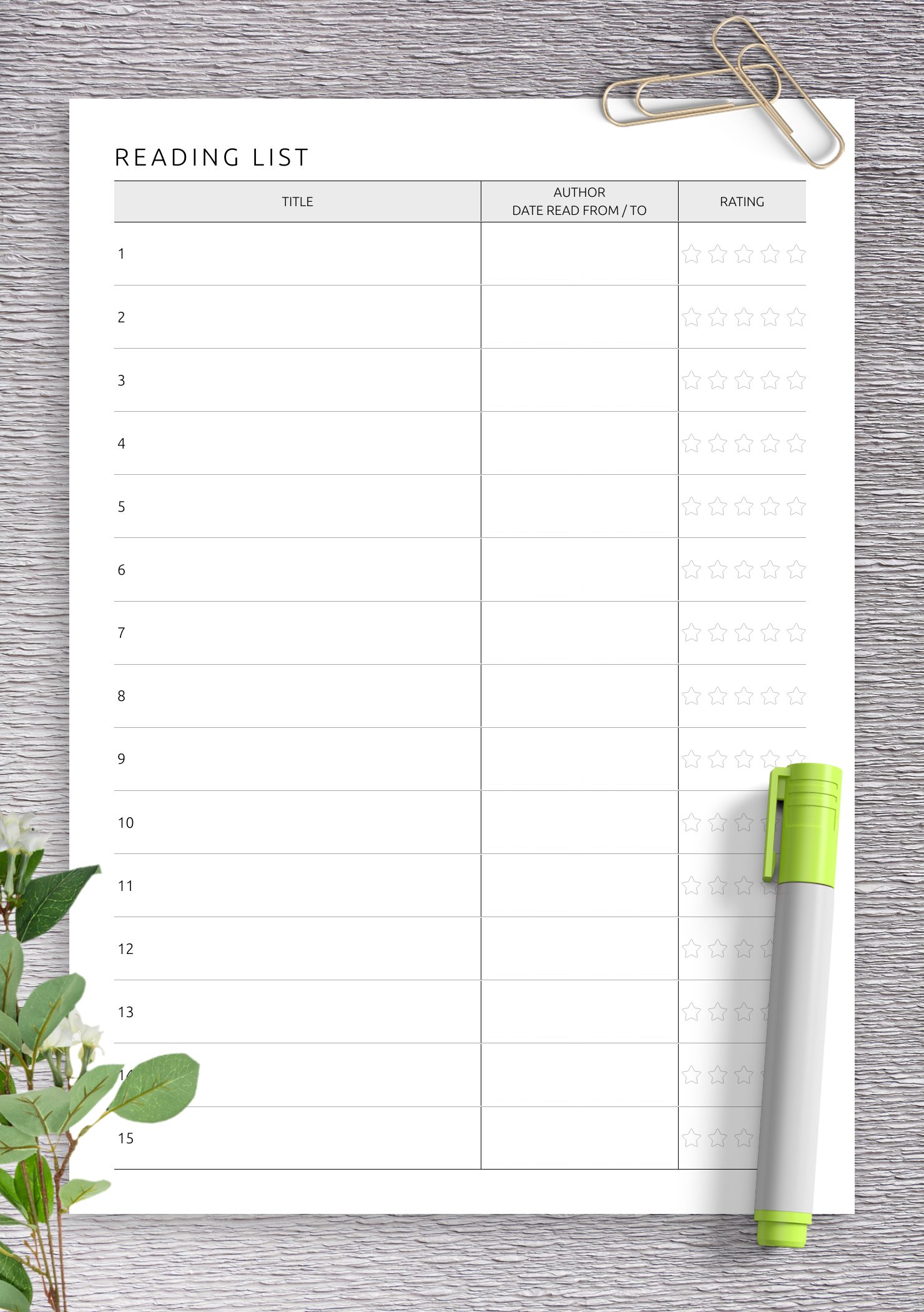 Download Printable Reading List Template PDF