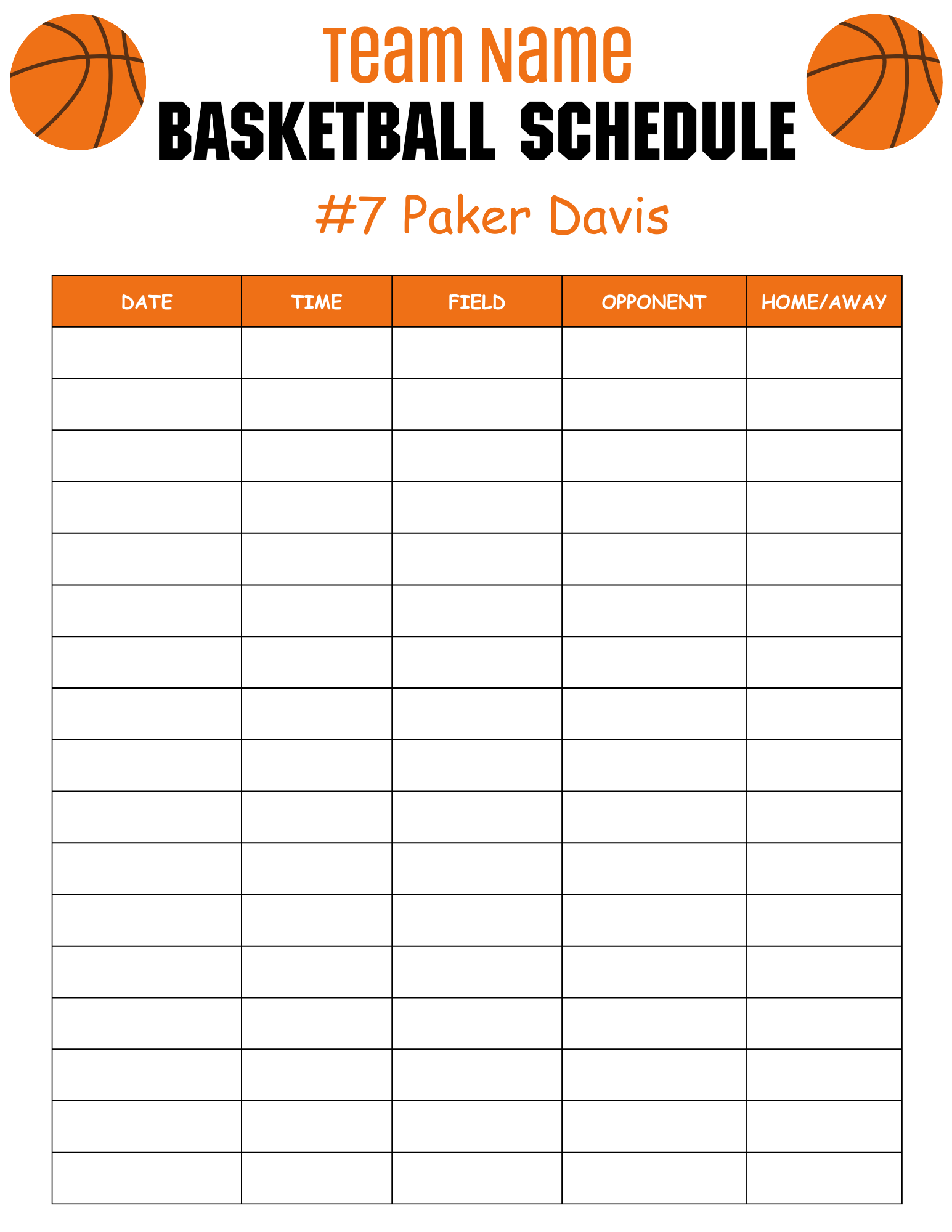 Blank Printable Basketball Roster Sheet