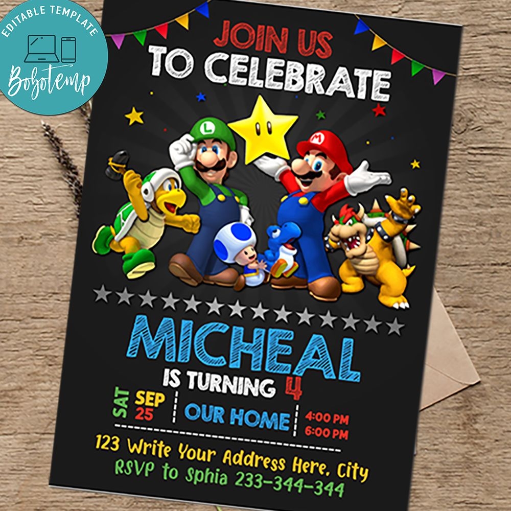 Editable Bowser Super Mario Birthday Invitation Any Age Digital File