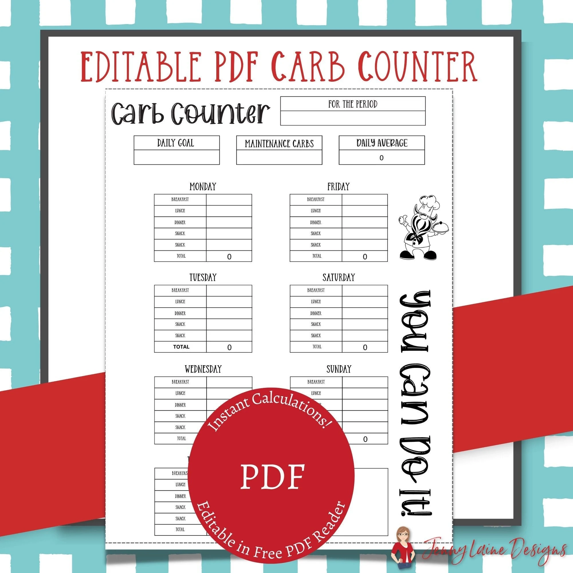 Editable Carb Counter Printable Instant Calculations Carb 