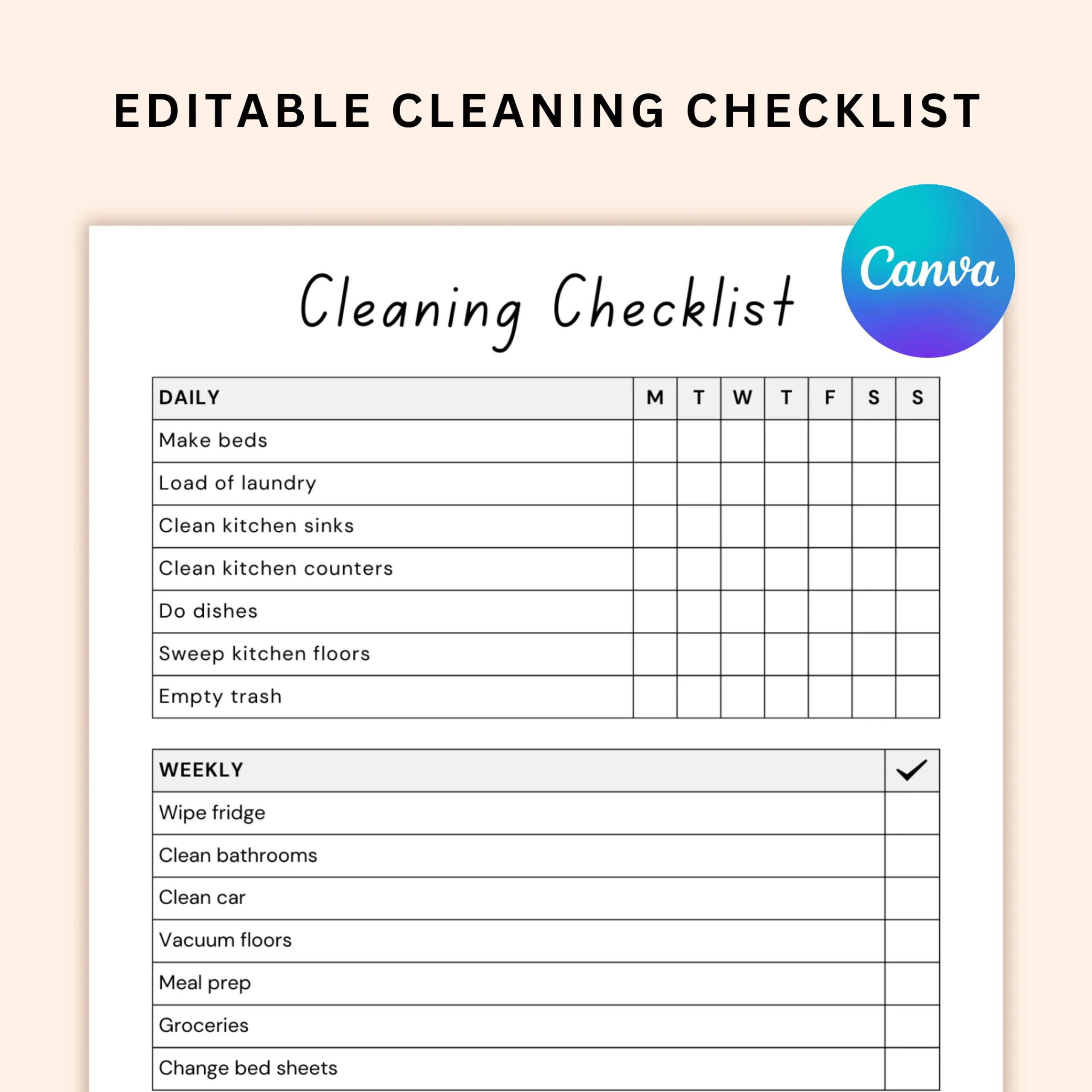 Editable Cleaning Checklist Daily Weekly Monthly canva 