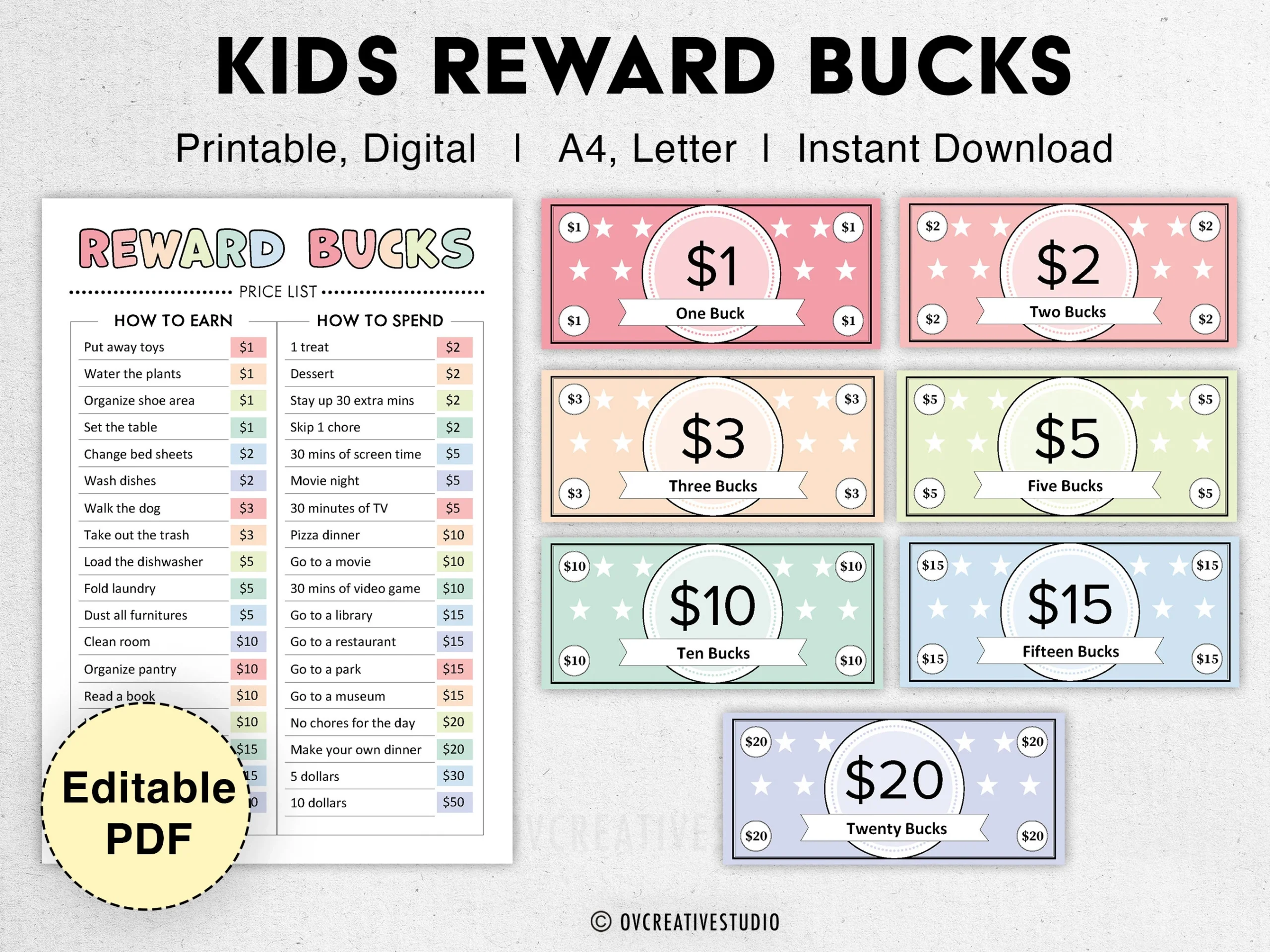 Editable Kids Reward Bucks Printable Mom Bucks PDF Reward 