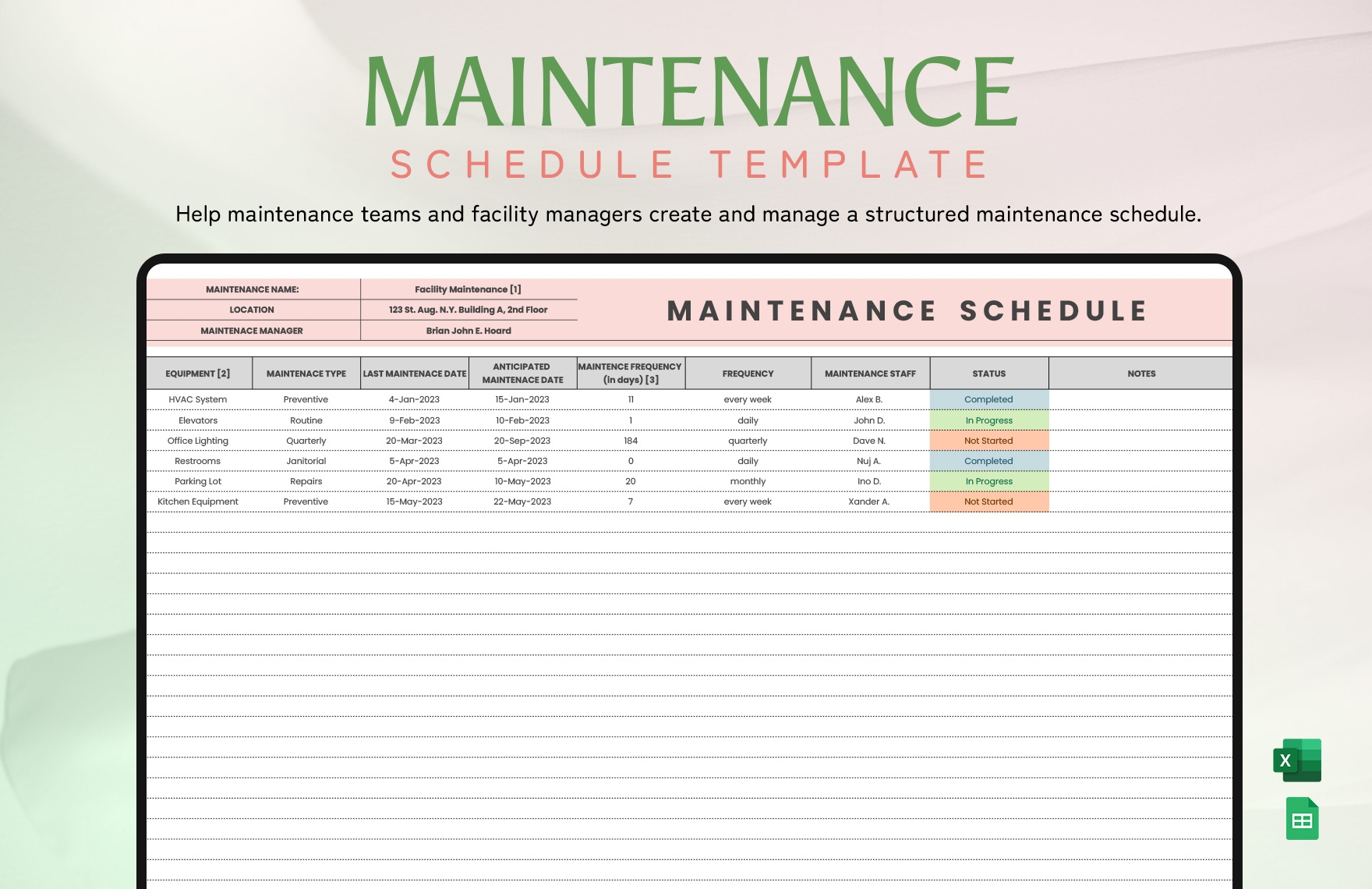 Free Printable Blank Maintenance Schedule