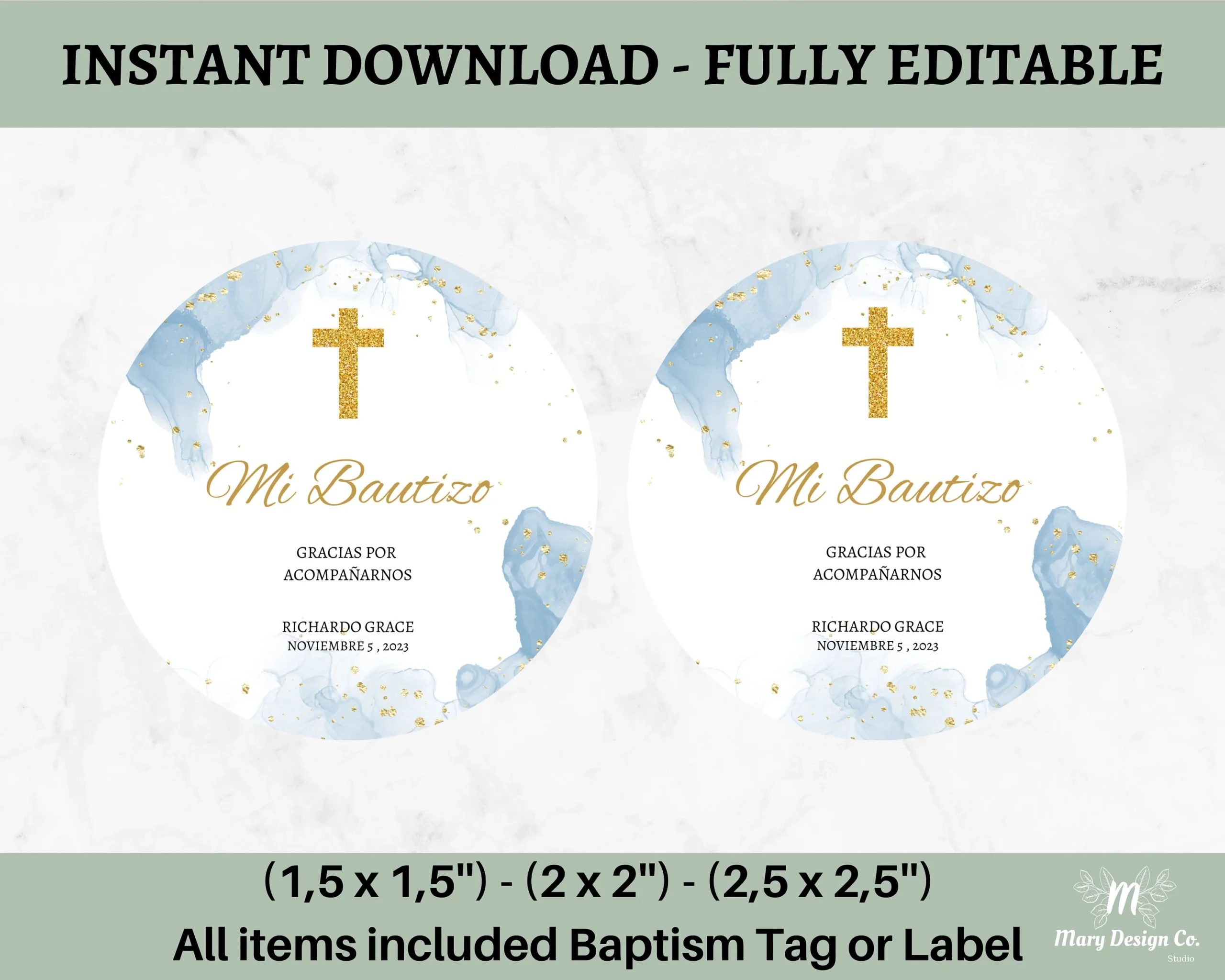 Editable Mi Bautizo Stickers Spanish Favor Tag Boy Baptism 