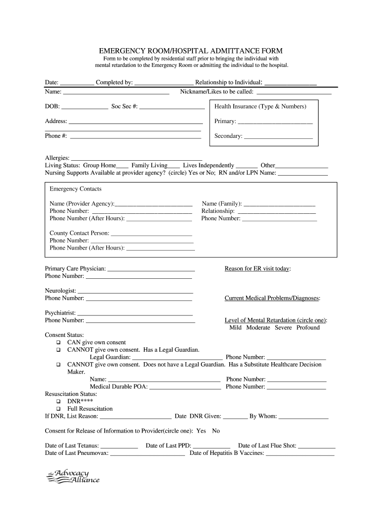 Emergency Room Admission Form Fill Out amp Sign Online DocHub