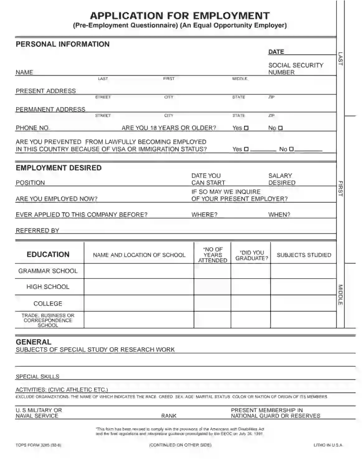 Blank Printable Employment Applications