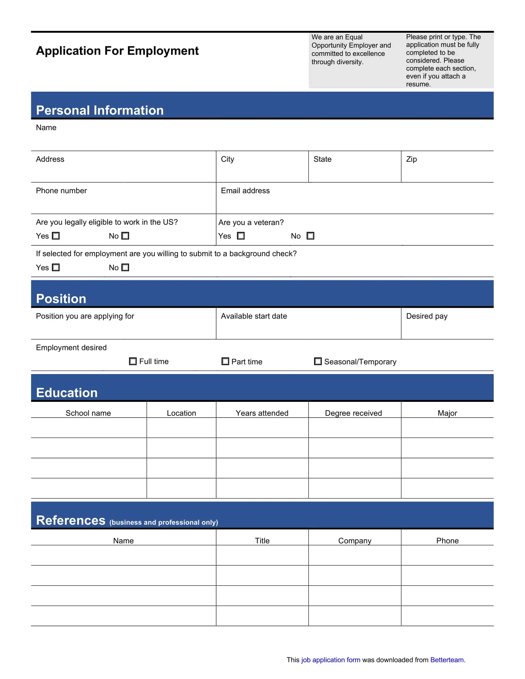 Free Blank Printable Employment Applications