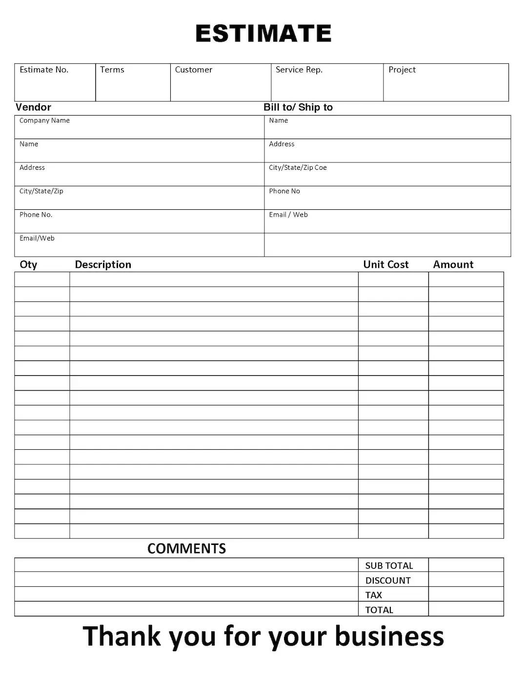 ESTIMATE INVOICE Proposal Style Template Printable Form 1st 