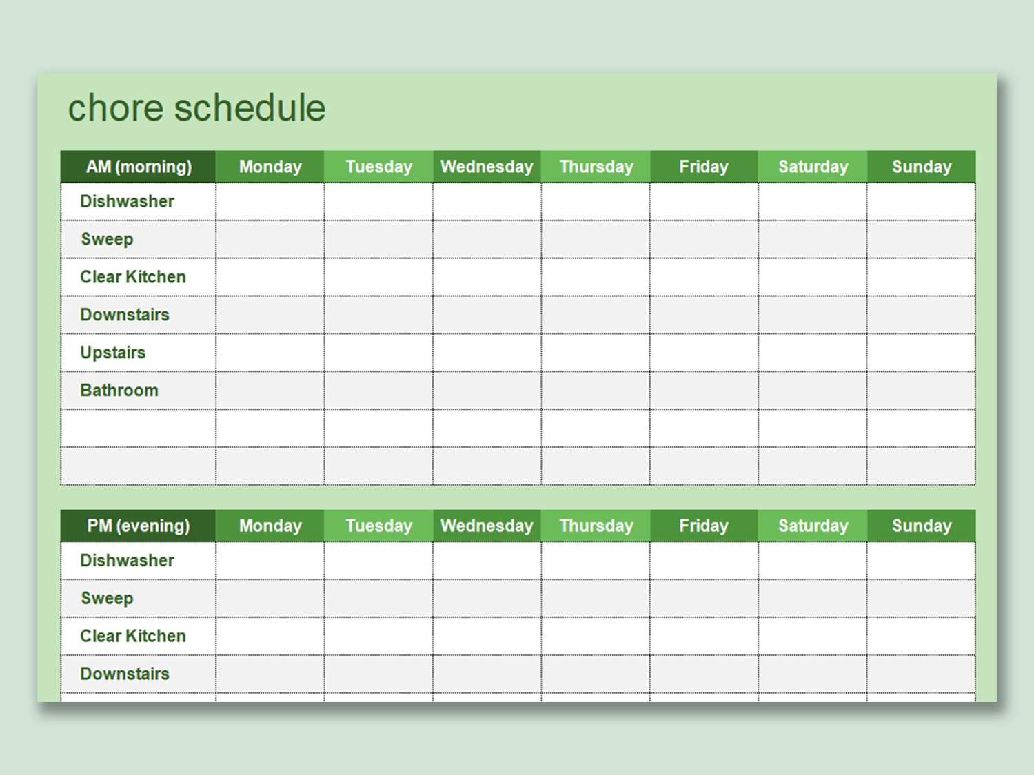 Printable Blank Excel Chore Chart
