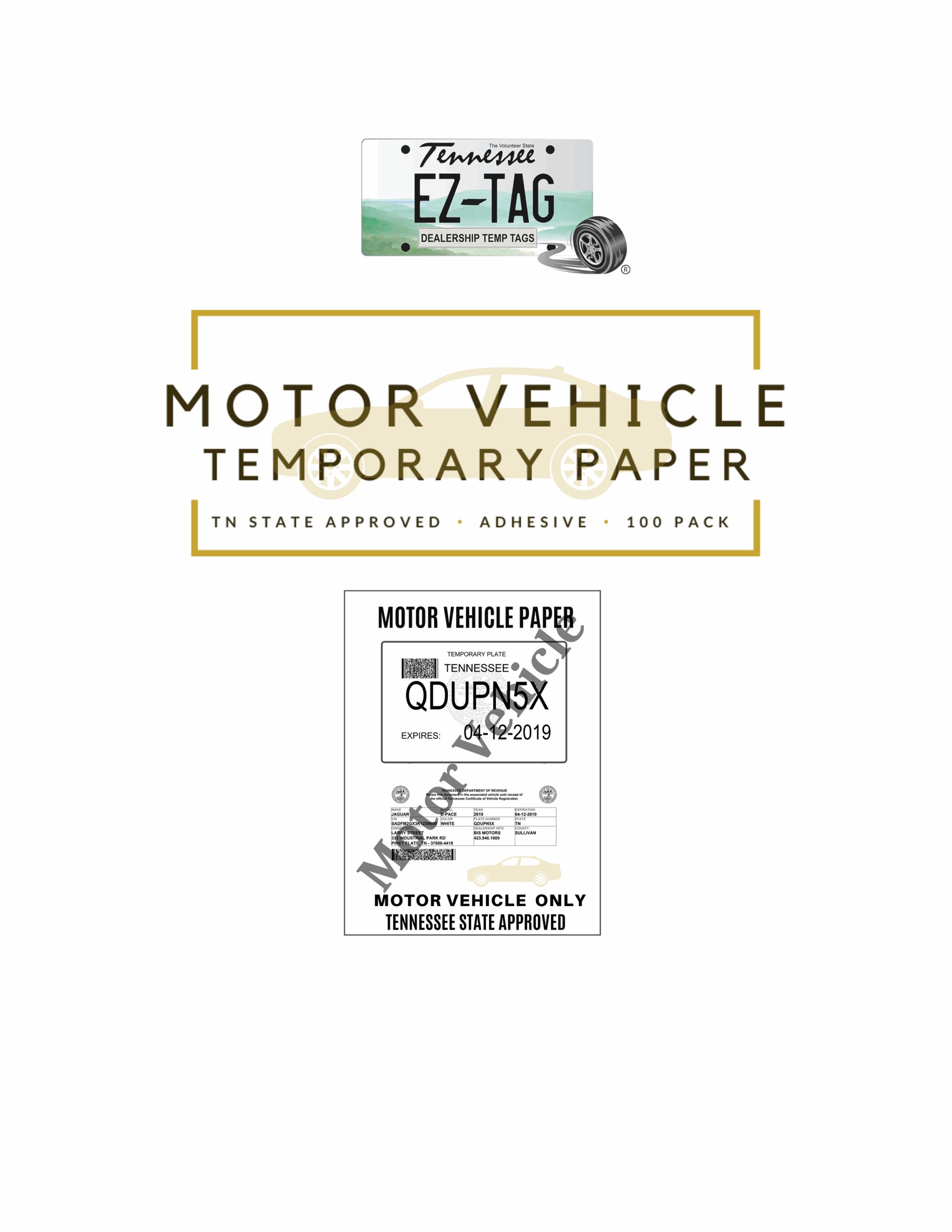 EZ Tag Motor Vehicle Temporary Tag Sticker Paper 100 Pack 