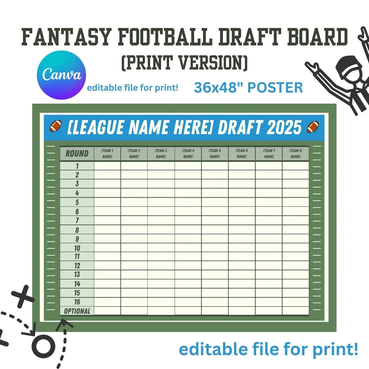 Fantasy Football Draft Board 2025 8 TEAM Editable Canva 