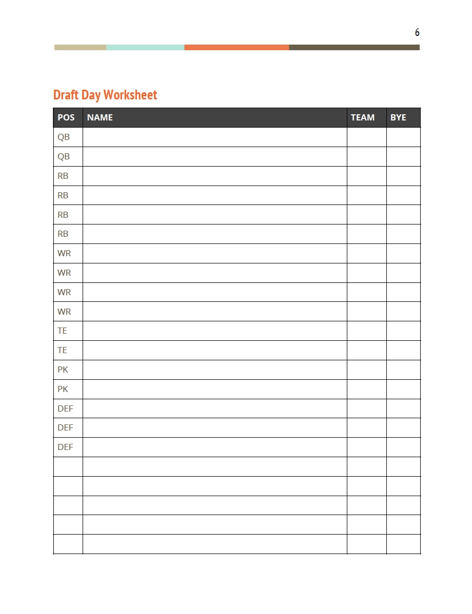 Printable Blank Fantasy Football Rosters