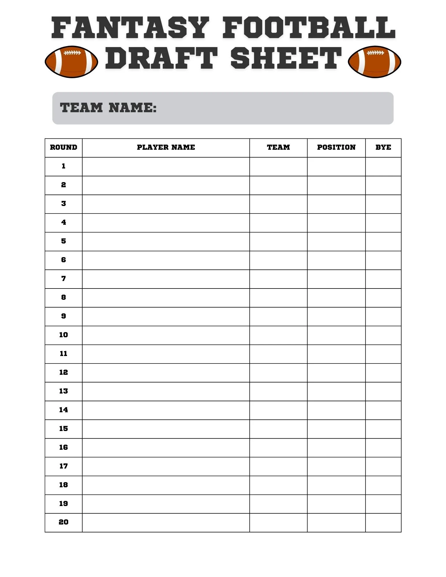 Fantasy Football Draft Sheet Druckbares Draft Day Kit Digitaler 