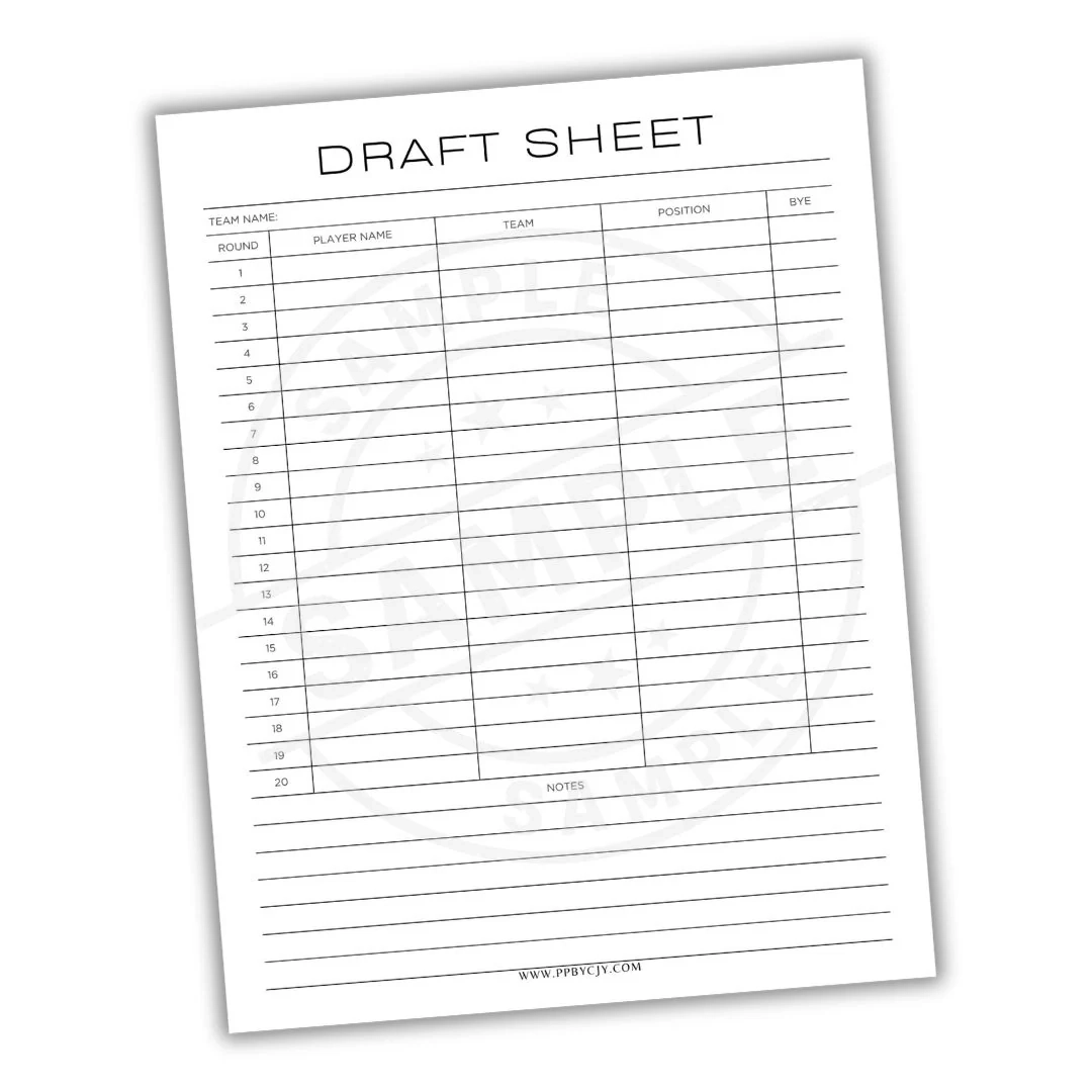 Fantasy Football Draft Sheet Printable PDF Player Pick Tracker 