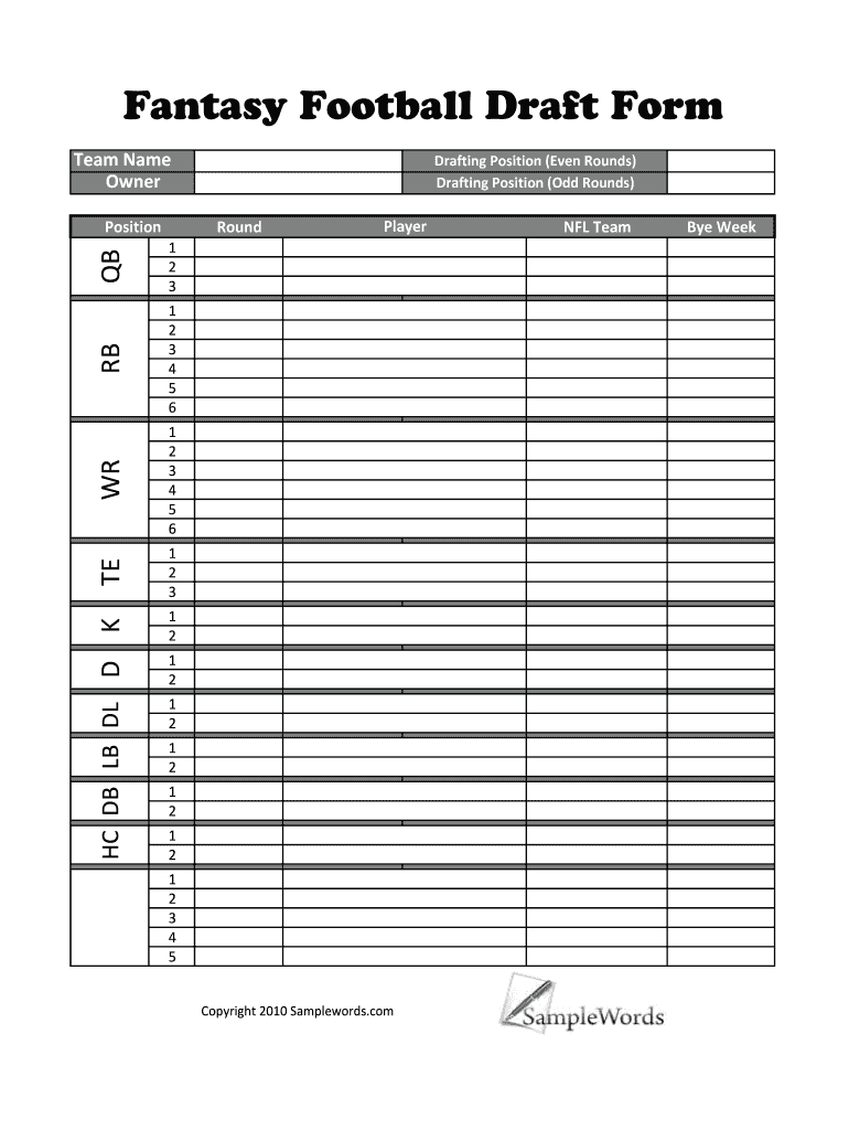 Printable Fantasy Football Blank Roster