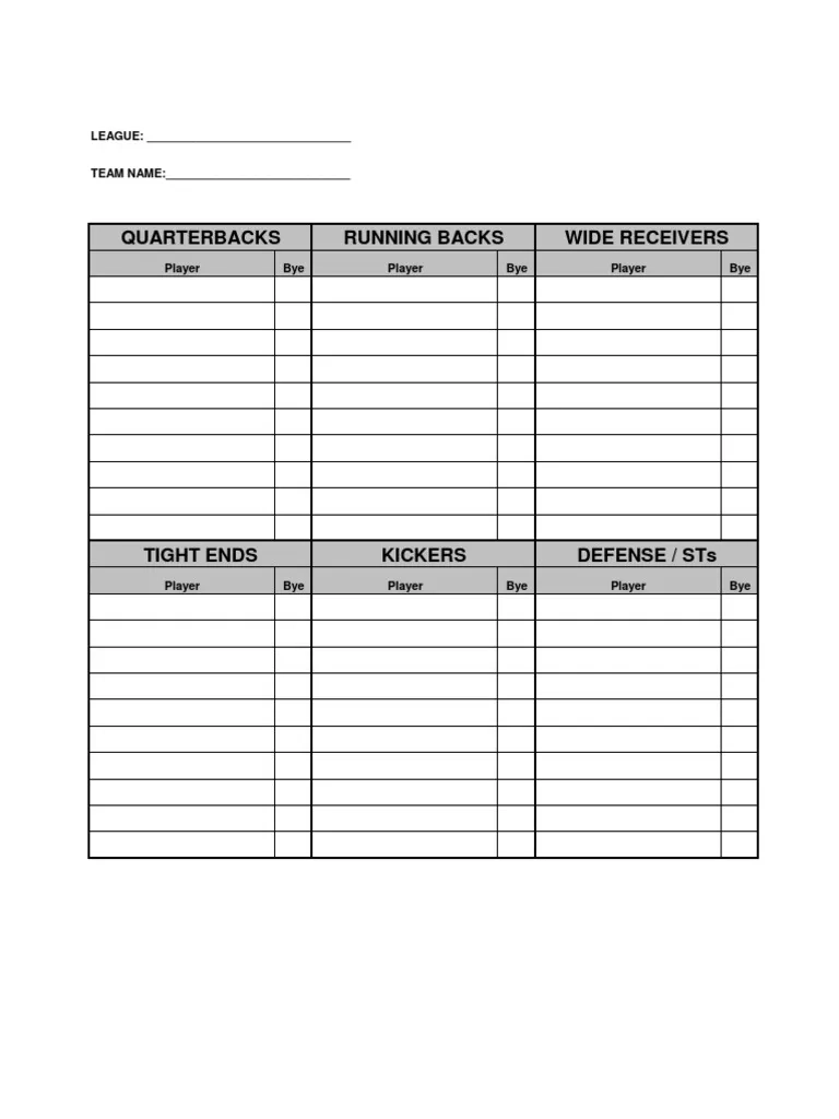 Fantasy Football Roster Sheet PDF