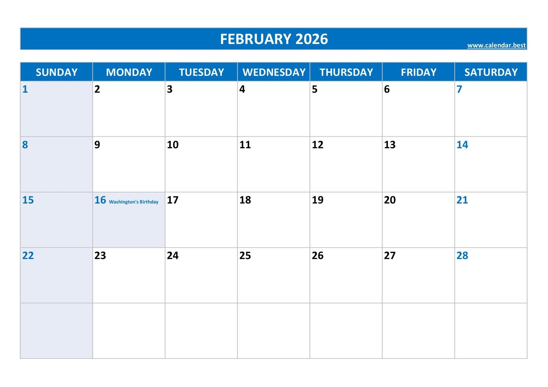 Printable Blank 2026 Calendars February