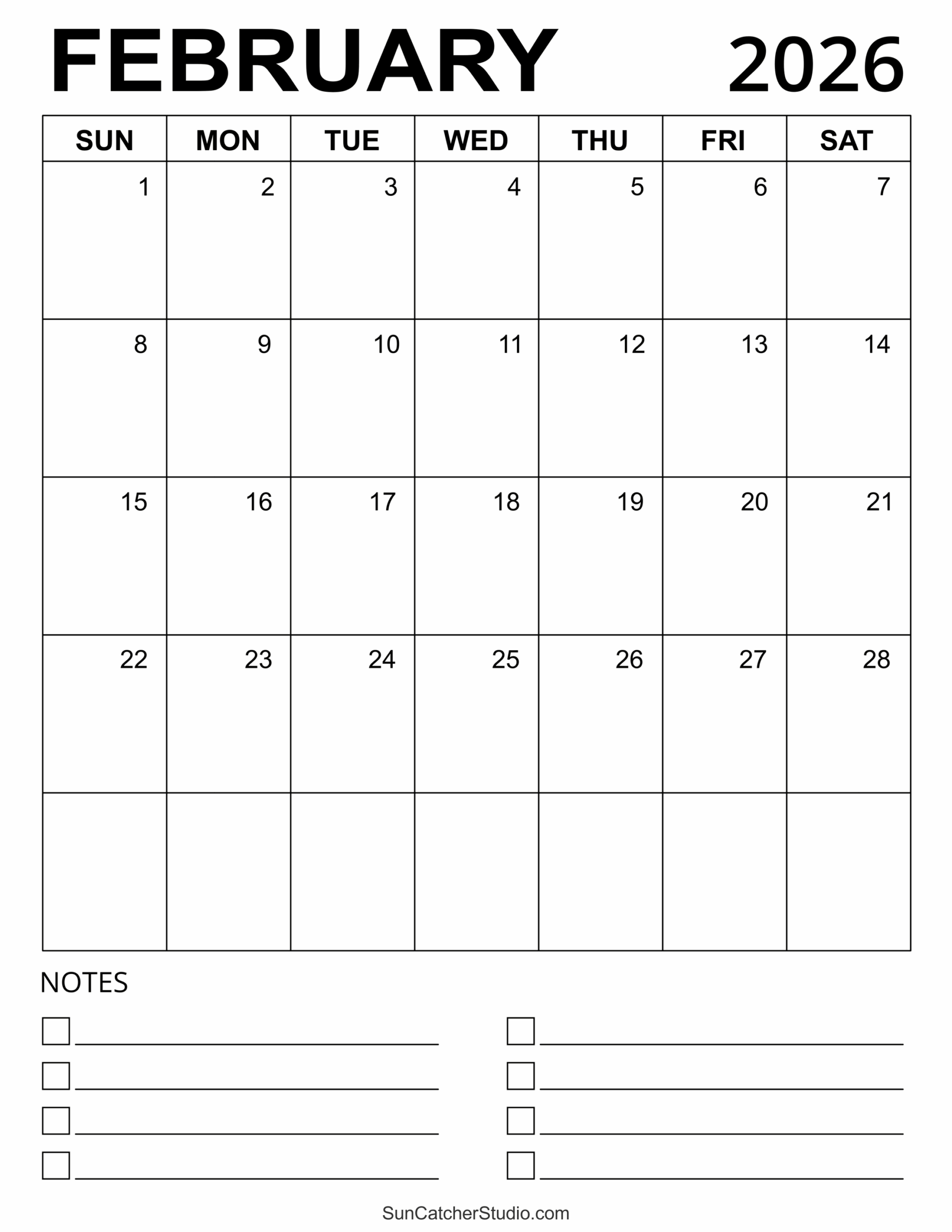 Blank February 2026 Calendar Printable