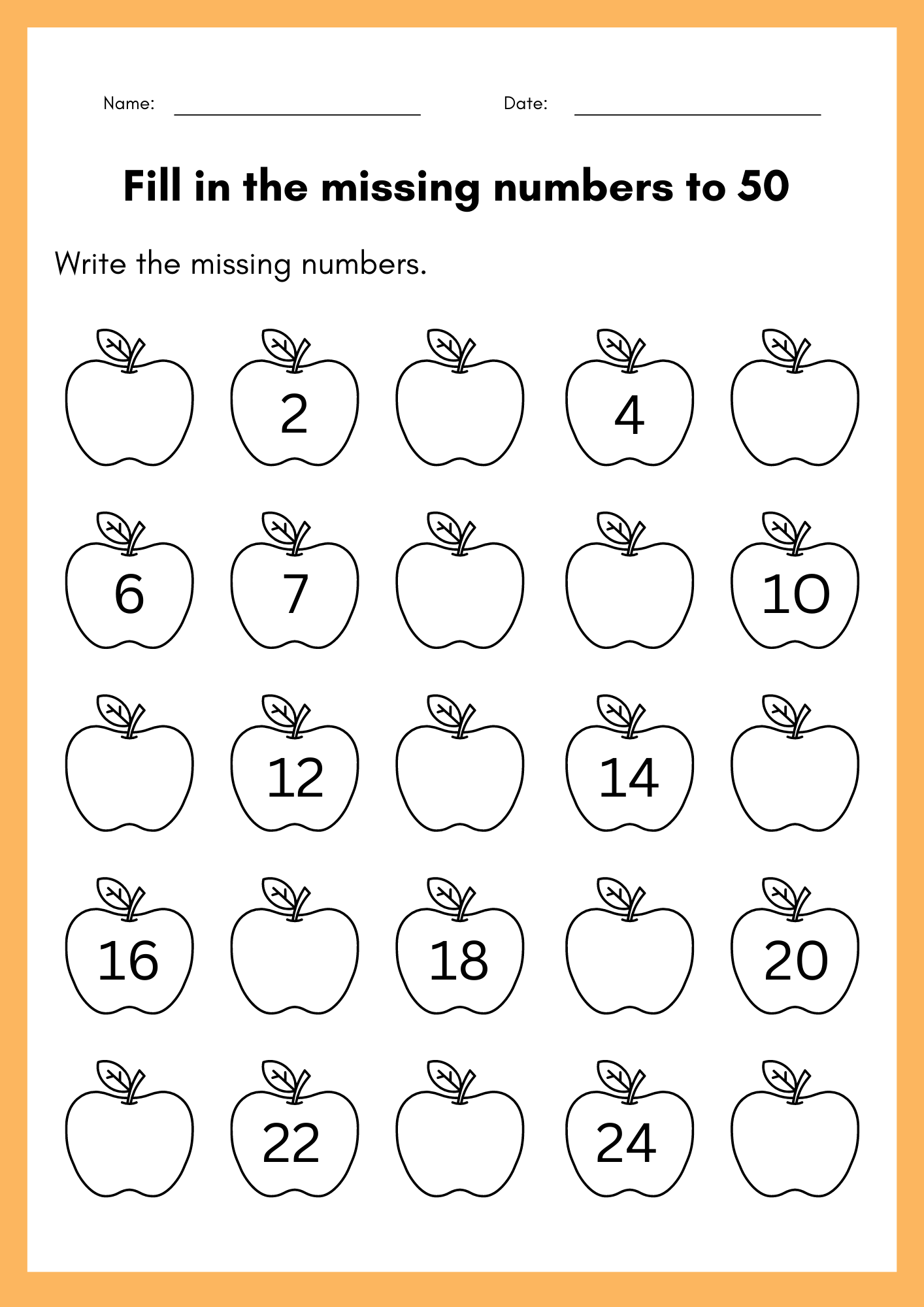 Fill In The Missing Numbers To 50 Worksheet Kindergarten Numbers 