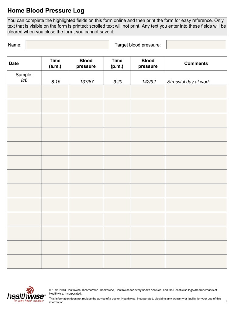 Blank Blood Pressure Chart Printable