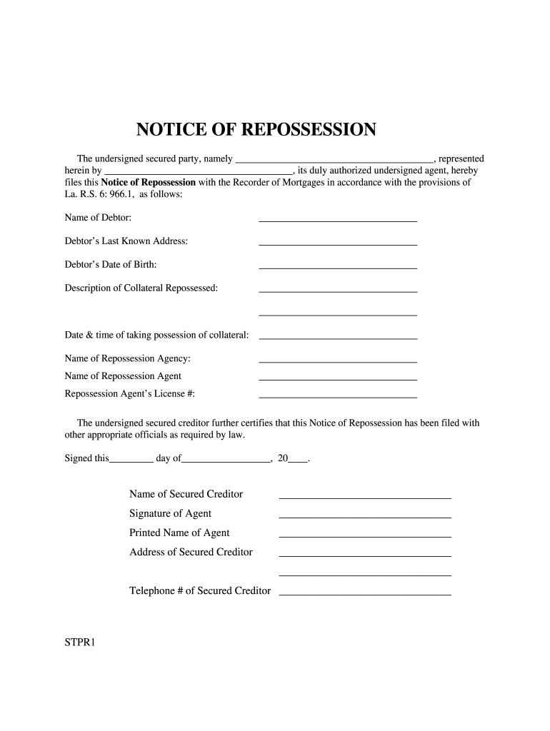 Fillable Online Sttammanyclerk Notice Of Repossession Form Fax 