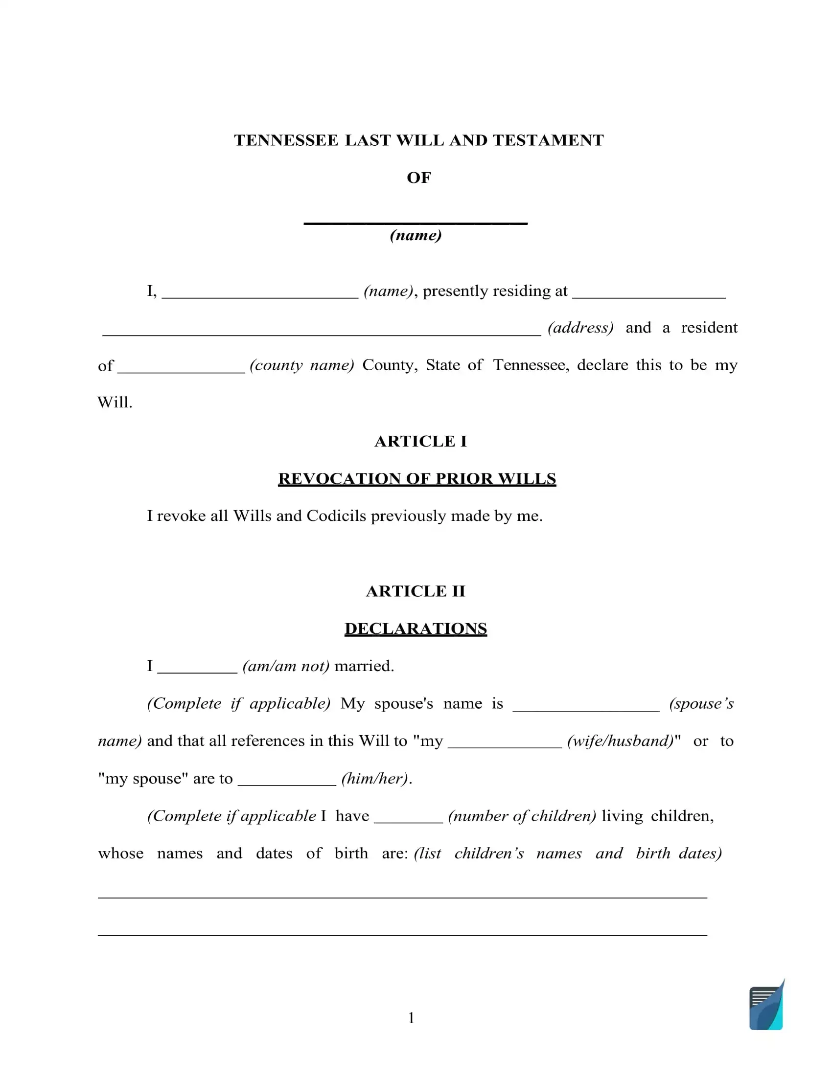 Fillable Tennessee Last Will And Testament Form FREE FormsPal