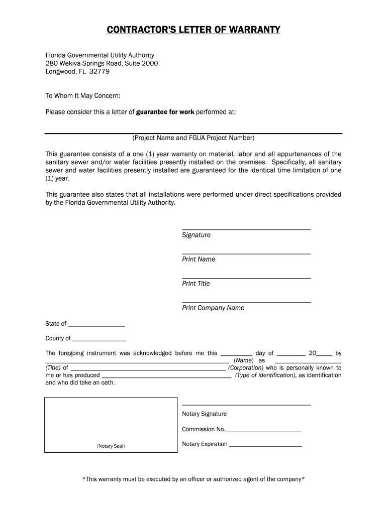 FL Contractors Letter Of Warranty Form Fill Online Printable 