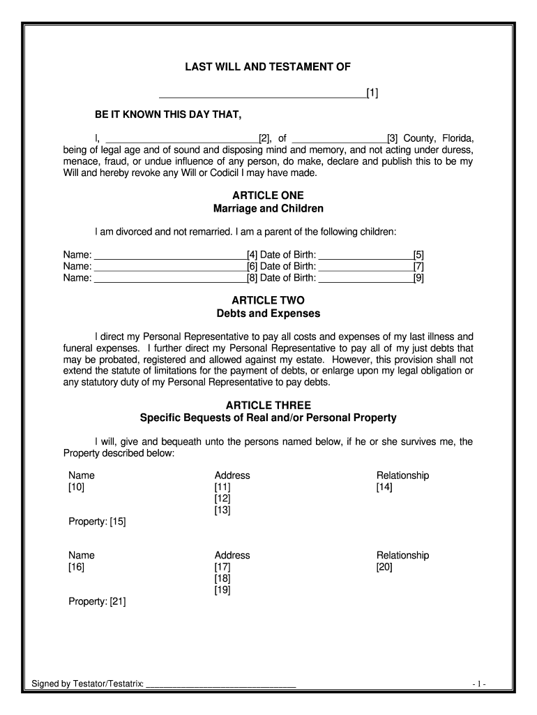 Printable Blank Will For Florida