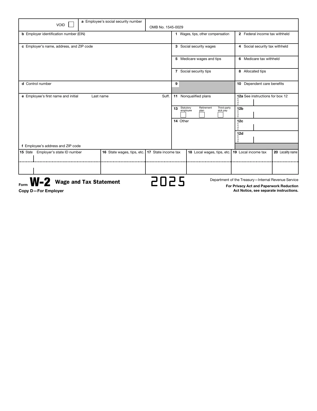 Blank W2 Form 2026 Printable
