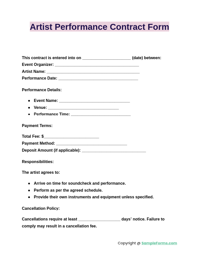 Blank Printable Performance Contract