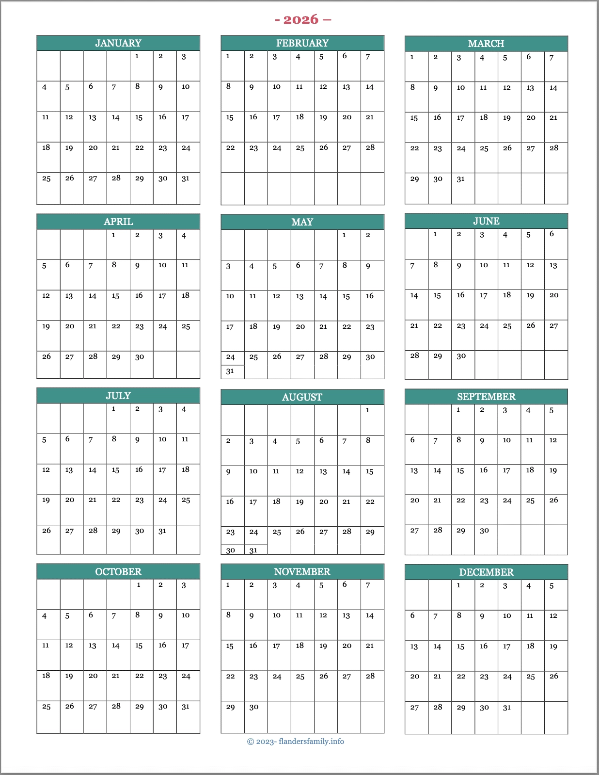 Blank Calendar Pages 2026 Printable
