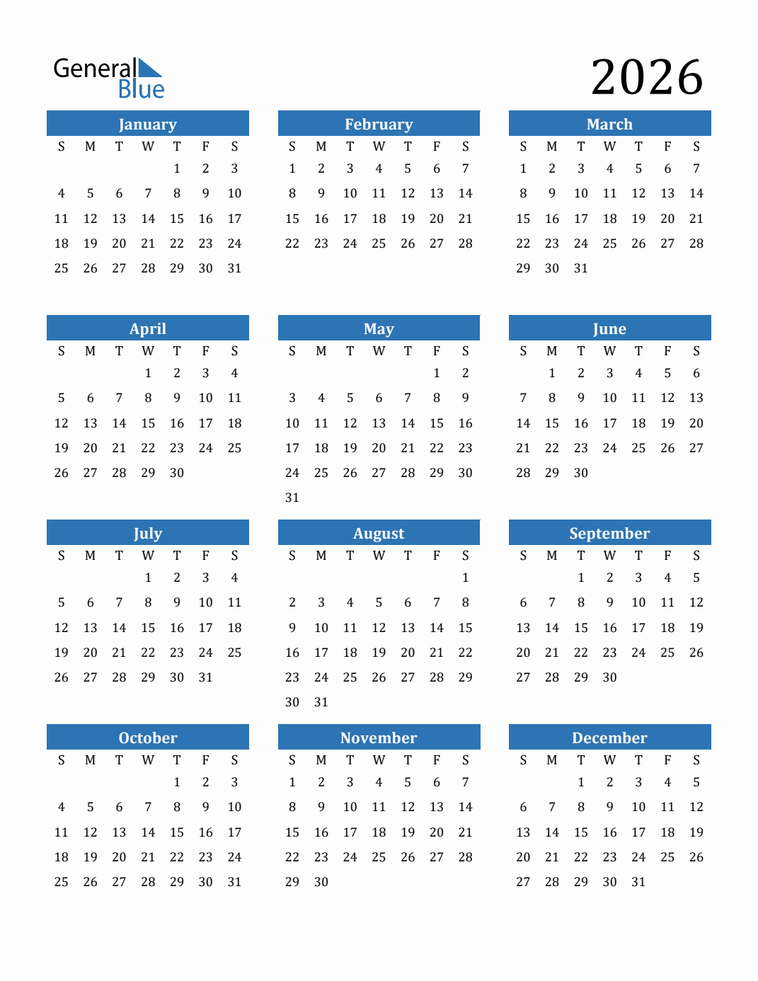 Blank Printable Portrait 2026 Calendars