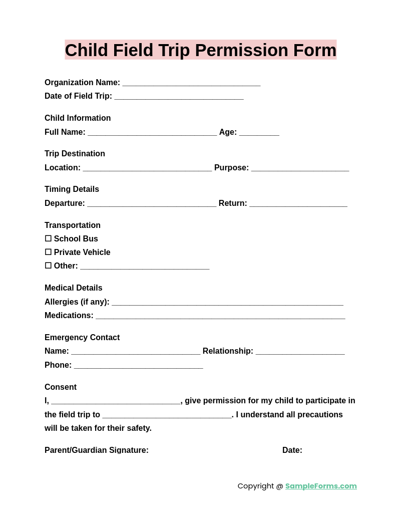 FREE 25 Field Trip Permission Form Samples PDF MS Word Google 