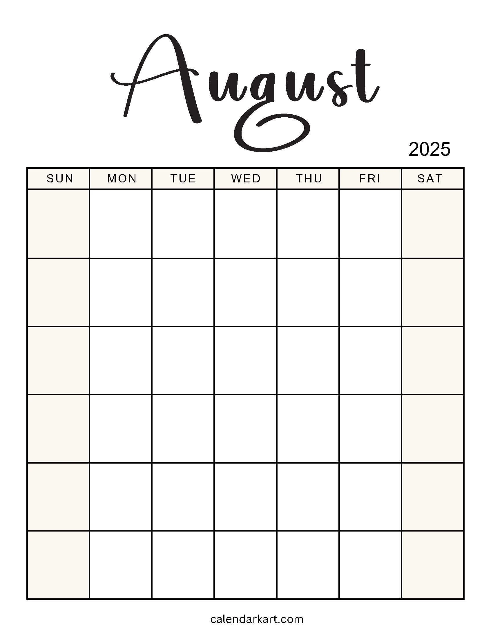 Printable Blank August Calendar