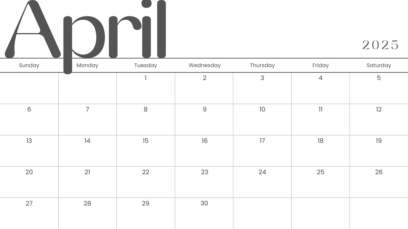 April Calendar Blank Printable
