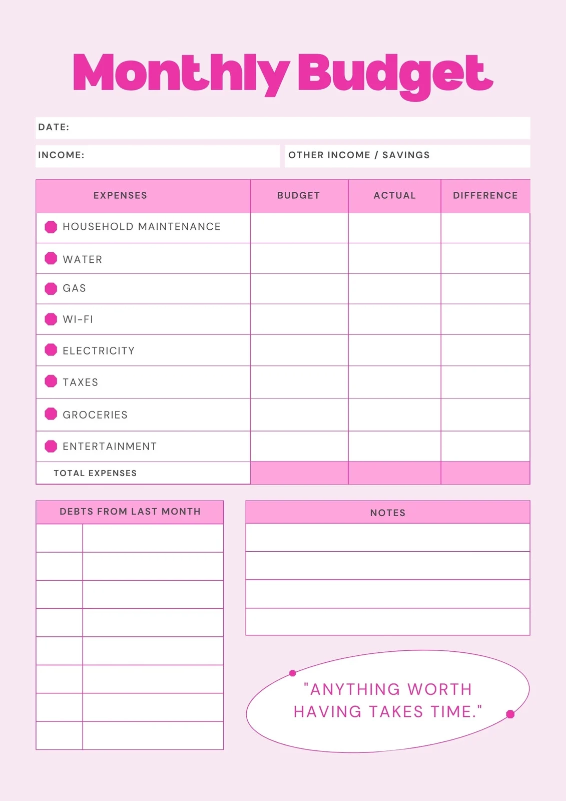 Yearly Expense Planner Printable Blank